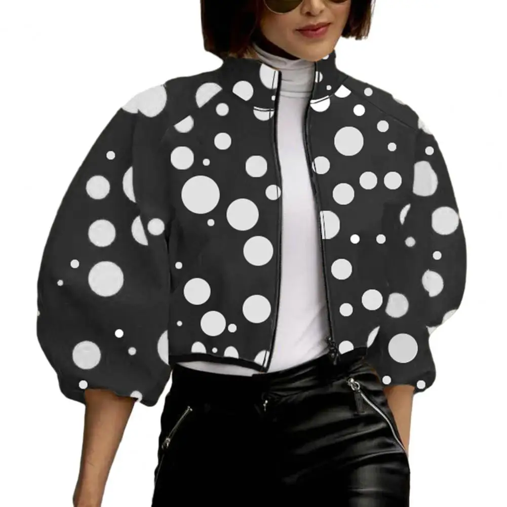 Women Jacket Stand Collar Dot Print Zipper Closure Short Type Loose Long Sleeve Cardigan Coat