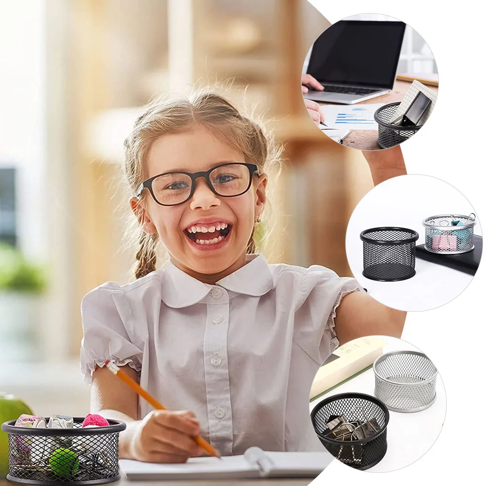 

4pcs Paperclip Holder Container Mesh Storage Basket Desktop Organizer Silver Iron Office Supplies For Small Items Stackable