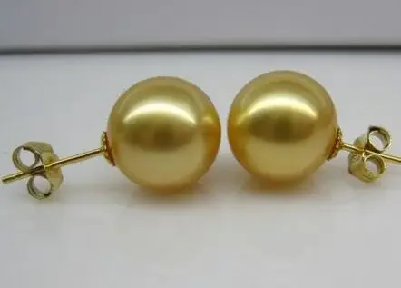 noble jewelry charming 9.5-10mm natural Australian south sea golden pearl earrings 14k