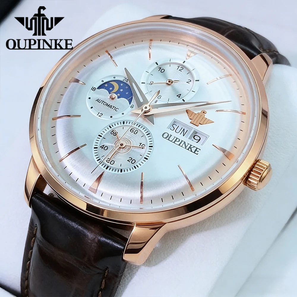 OUPINKE Men Watches Luxury Fashion Sapphire Mirror Original Automatic Mechanical Watch for Man Leather Strap Moon Phase Calendar