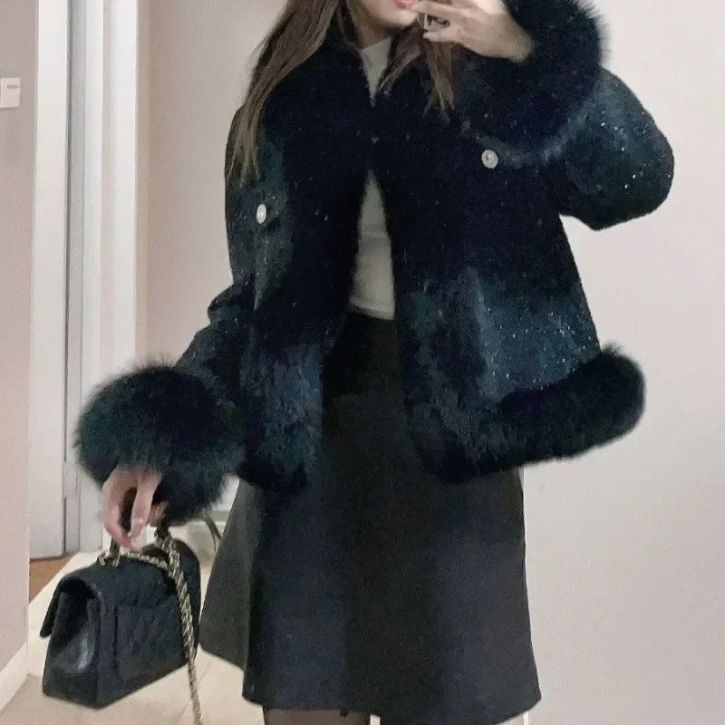 Winter New Women Imitation Fox Fur Coat Female Casual Warm Woolen Outwear Fashion Patchwork Wool Slim Fit Short Jacket