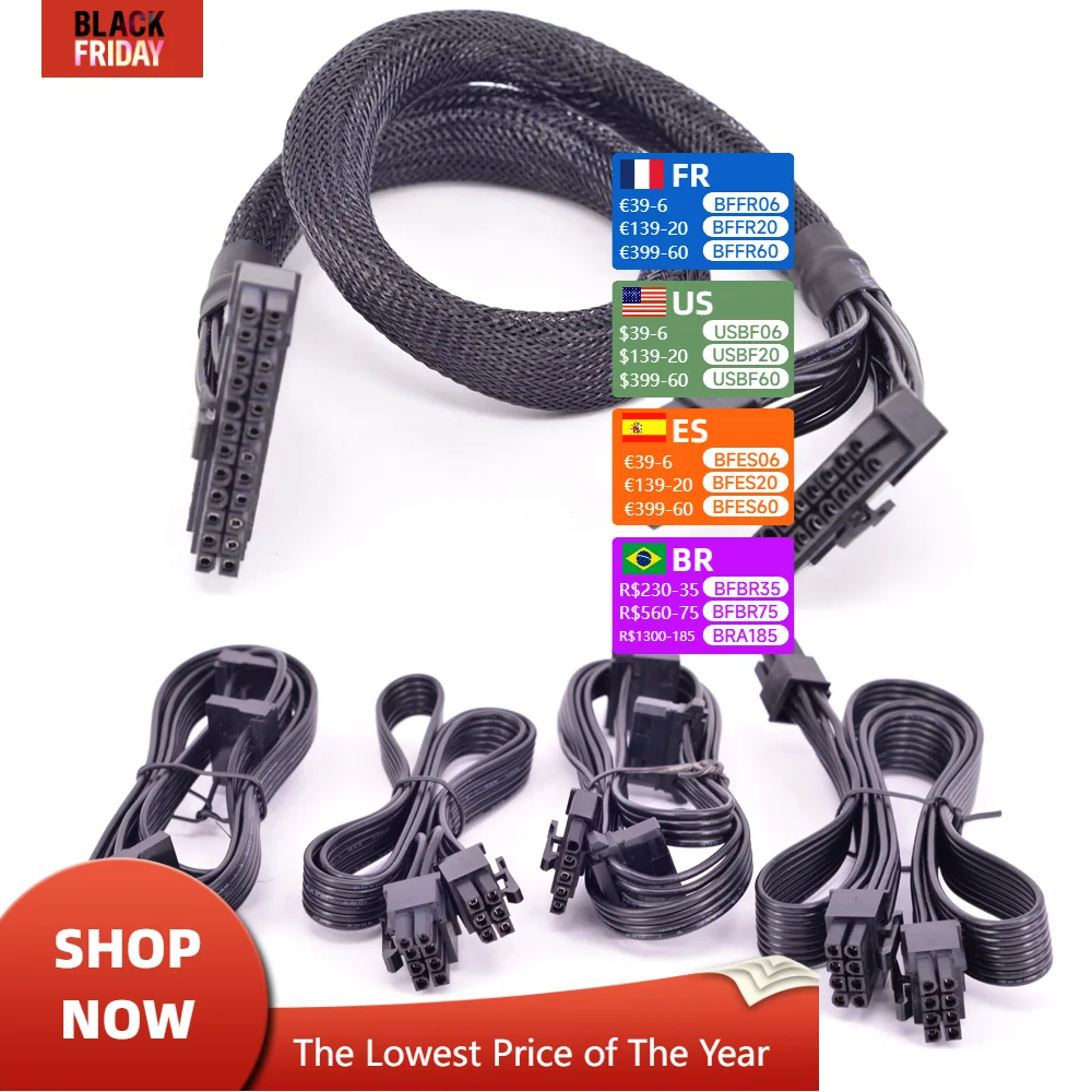 

For Cooler Master V Series V850 V1000 V1200 ATX 24 Pin CPU PCI-e 6 6+2 8 Pin Peripheral 4 Pin SATA Power Supply Cable