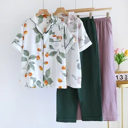 Women Two Pieces Spring Pajamas Suits Flower Print 100% Cotton Pijama Turn Down Collar Tops With Pants Cotton Pajamas