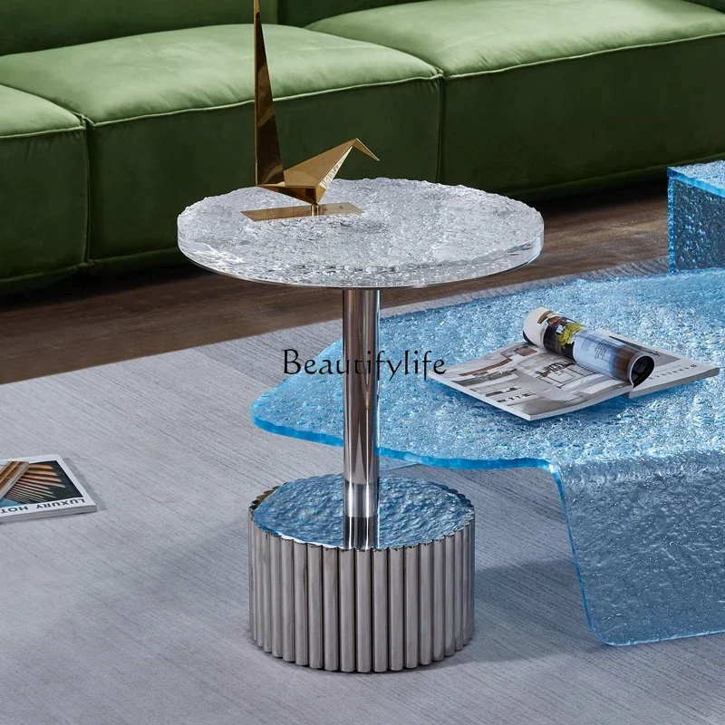 Mesa de centro de acero inoxidable para sala de estar, mesa de centro de acrílico transparente con ondas de agua creativas de diseño, borde de sofá ligero de lujo