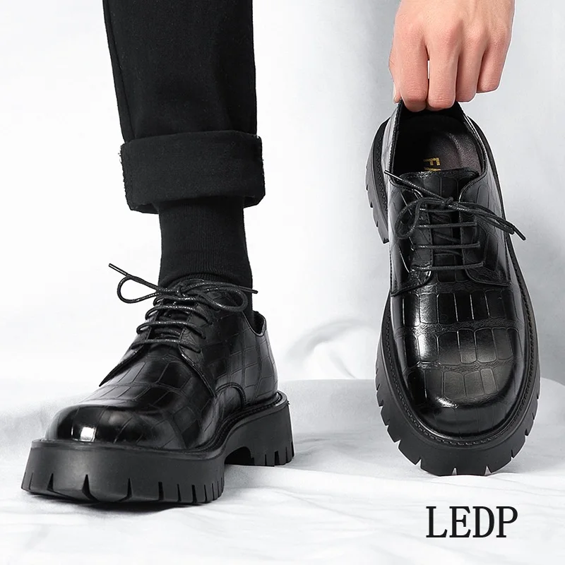 LEDP Brand Leather Shoes Men Breathable 2024 Autumn New British Business Formal Big Head Trend Low Top Thick Sole Casual Shoes