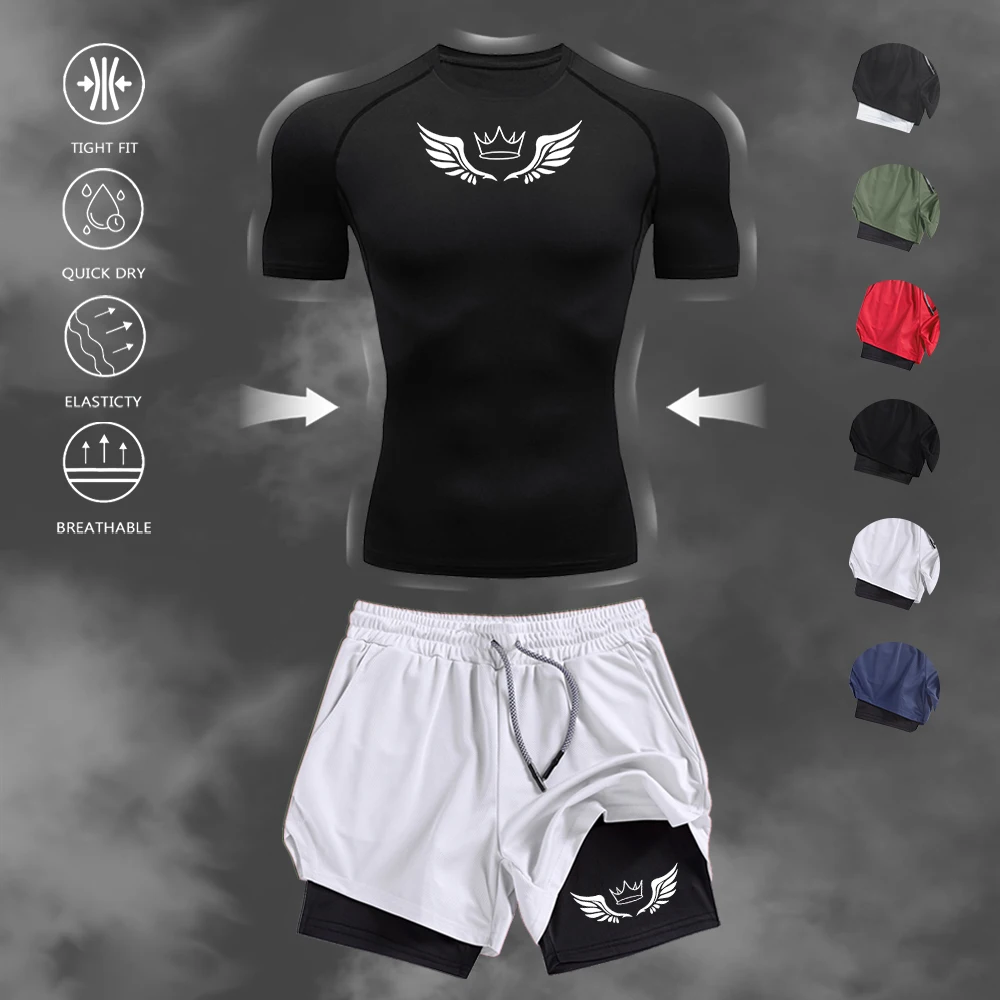 

Men's 2PCS Fitness Training Set Quick Dry Compression T-Shirt & Double Layer Running Shorts Gym Athletic Crown Wings Print