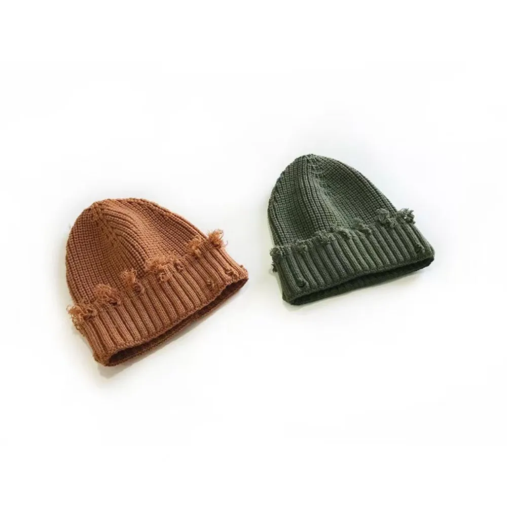 New Dilapidated Hole Knitted Hat Solid Color Thickened Hip-Hop Hat Ear Protection Warm Cap Unisex