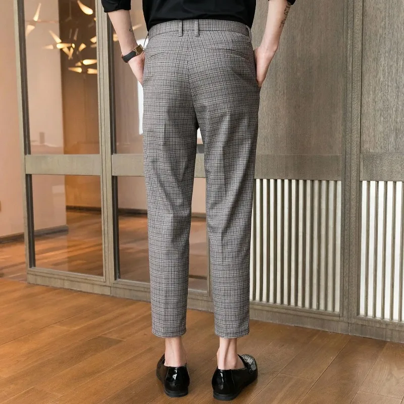 Summer Tailoring Male Trousers Plaid Loose Slim Fit Grey Business Men\'s Casual Pants Office Baggy Pocket Check Thin Plus Size