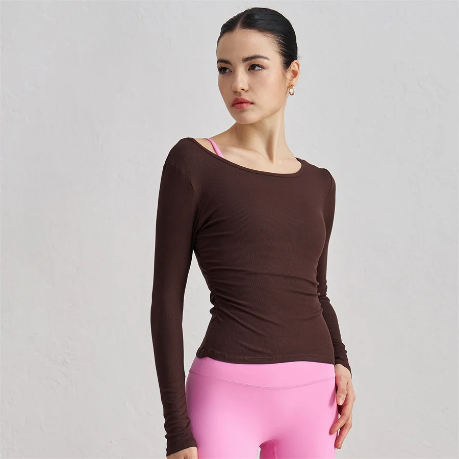 

Women Yoga Top Ribbed Solid Long Sleeve Fitness Gym Sportswear Breathable Crop Top Dancing Pilates Running Ballet Training Shirt