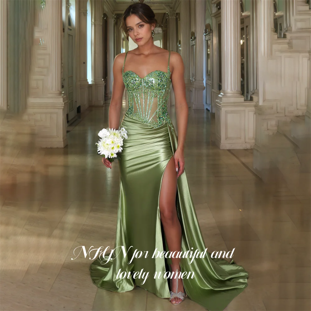 

NFYN Green Long Stain Formal Prom Dresses Mermaid Spaghetti Strap Night Dresses Pleat Evening Gown with Side Split Customized