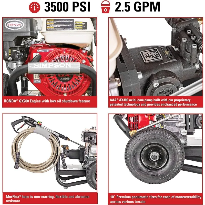 61014 3500 PSI at 2.5 GPM Honda GX200 with AAA AX300 Axial Cam Pump Cold Water Professional Gas Pressure Washer PS61002-S