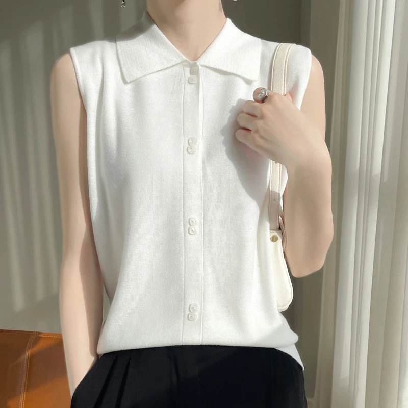 

Women's Sweater All Season New Solid Sweater Casual Knitwear POLO Collar Tops Loose Blouse Sleeveless Pullover Single Breasted