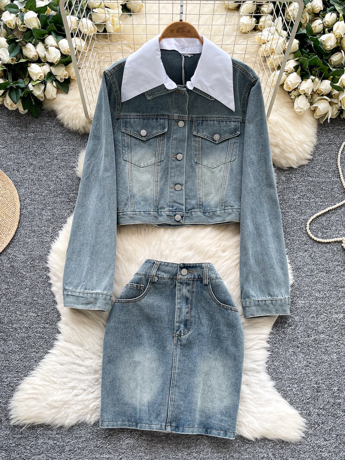 

Faionable Hong Kong Sle Set Women's Autumn Trendy Color Blo Doll Collar Long Sve Denim Jaet High Waist Skirt