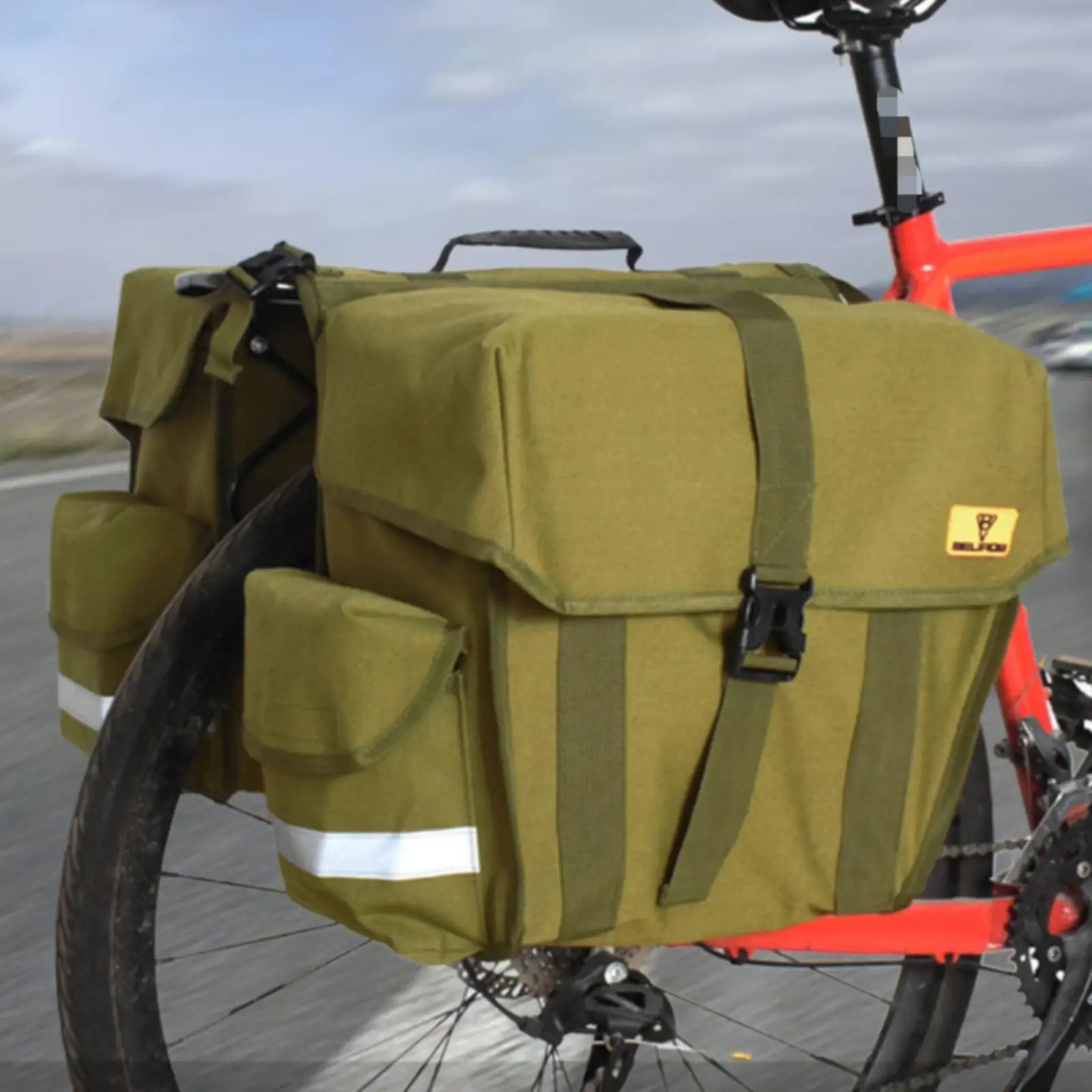 Bicycle Panniers Waterproof 50L Canvas Rear Rack Bag Double Side Storage with Carry Handle and Reflective Strips for Cycling