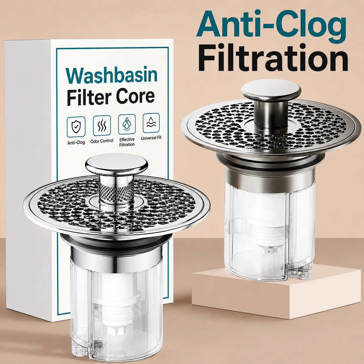 Universal Pop Up Sink Drain Filter Anti-Clogging Basin Bounce Core Push-Type Converter Bath Stopper with Hair Catcher