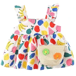 babzapleume 2Piece Summer Kids Costume Toddler Girl Dresses Korean Cute Print Flowers Beach Dress+Bag Newborn Baby Clothes 063