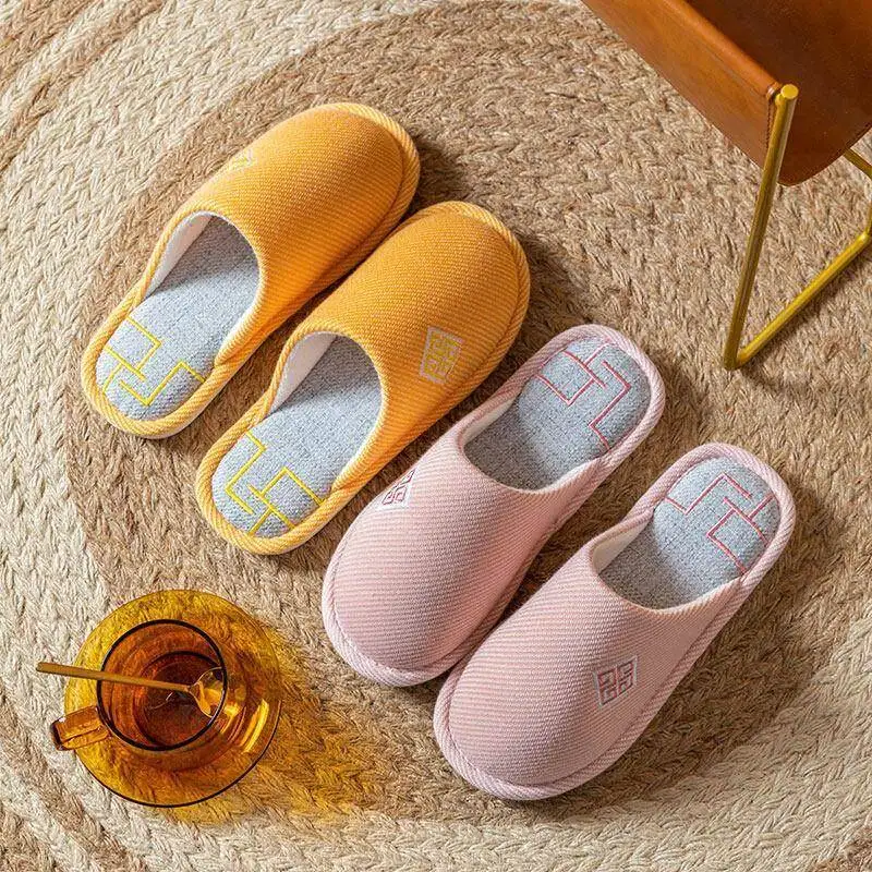 Men's Spring Thick Bottomed Head Covered Linen Slippers Home Use Anti-Slip Absorbent Comfortable Casual Slippers for Couples