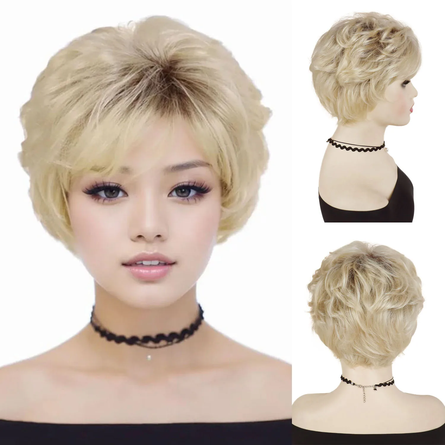 

Womens Short Curly Synthetic Wig Ombre Blonde Pixie Cut Wigs with Bangs Female Hairstyles Casual Style Mommy Wig Daily Costume