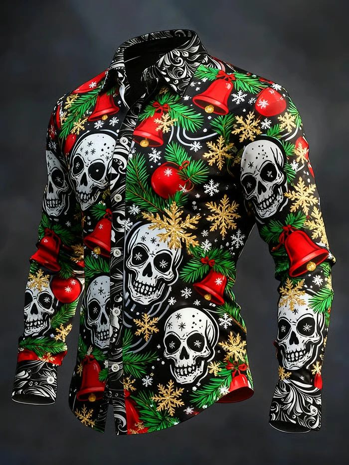 Gothic Christmas Skull Print Men's Long-Sleeve Shirt with Bell and Skull Print - Casual Fit for Christmas Celebrations