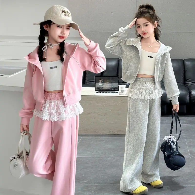 New Autumn Winter Teenager Kids Girl Children Set Cloth jacket crop top Hooded + lace loose pants 4 6 7 8 9 10 11 12 14 15 Year