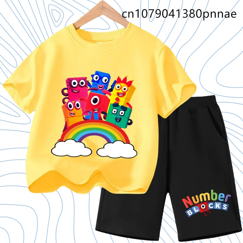 

Hots Cartoon Number Building Blocks Black T-Shirt Set Boys Kids Clothes Children's Boy's Clothing Shirts Short Sleeve Suit Tops