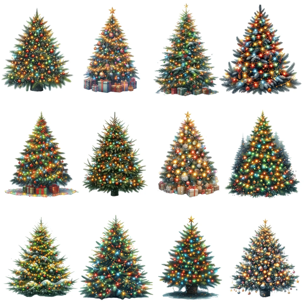 15cm Merry Christmas Colorful Light Strip Tree Diy DTF Heat Transfer Sticker T-shirt Clothes Decals Iron On Transfer Stickers