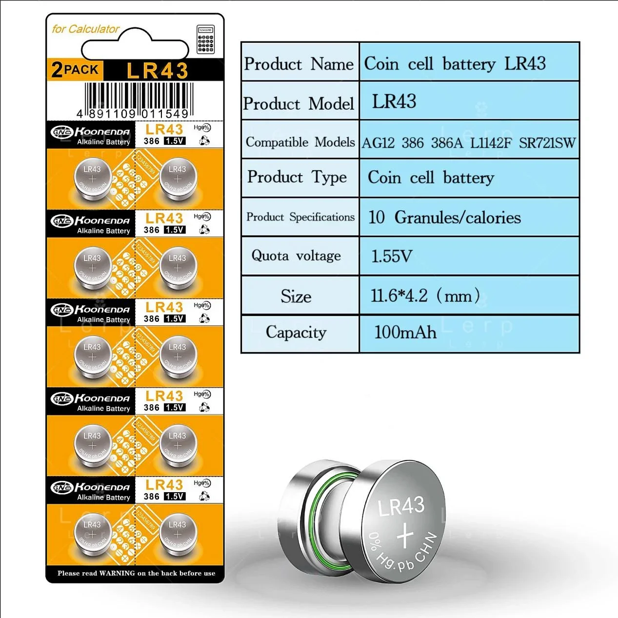 Bateria do botão AG12 para o relógio do controle remoto, LR43W, 386A, 1.5V