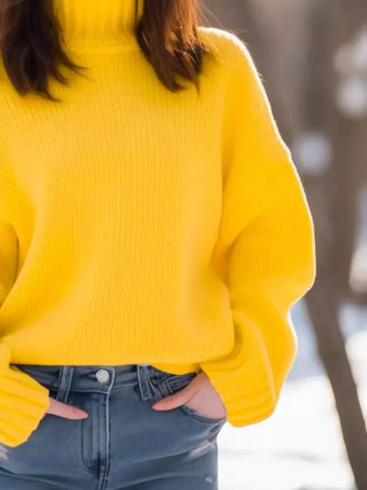 Small sweet long-sleeved sweater women\'s autumn and winter new yellow turtleneck casual fashion cashmere sweater