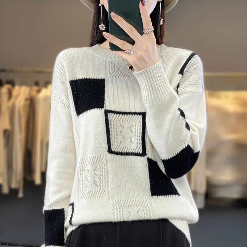 

Women's Hollow Inlaid Cashmere Sweater, Round Neck, Loose Color Matching, Wool Knit Bottoming, New, Autumn and Winter