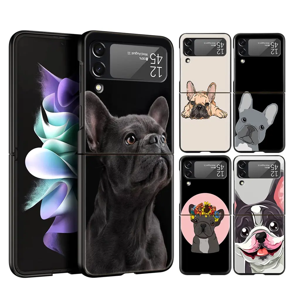 

For Samsung Galaxy Z Flip 3 4 5 Hard Black Folding PC Phone Case Pug Dog French Bulldog Luxury For Samsung Z Flip3 Back Cover