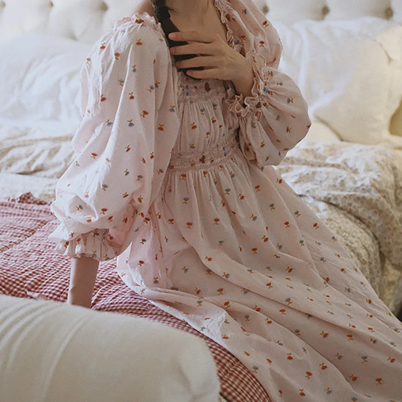 100% Cotton Doen Fairy Embroidered Dress Retro Sweet Cotton Princess Style Floral Sleep Skirt Outside Spring Autumn Sleepwear