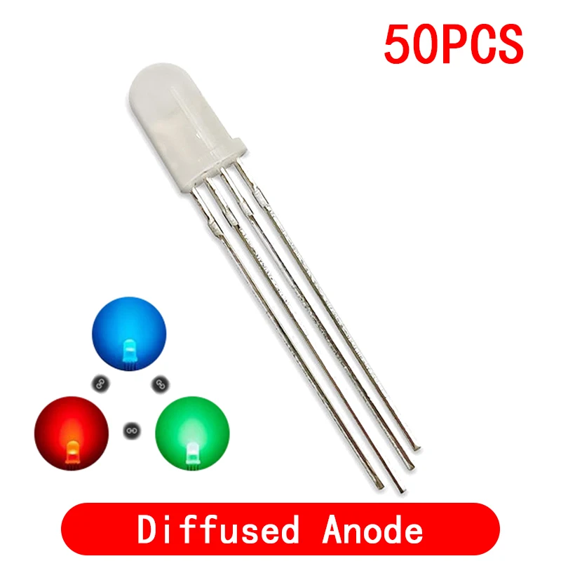 50 Buah 5 Mm Penuh Warna LED RGB Merah/Hijau/Biru Umum Katoda Anoda Empat Kaki transparan Warna Sorot Light 5 Mm Diode Warna-warni