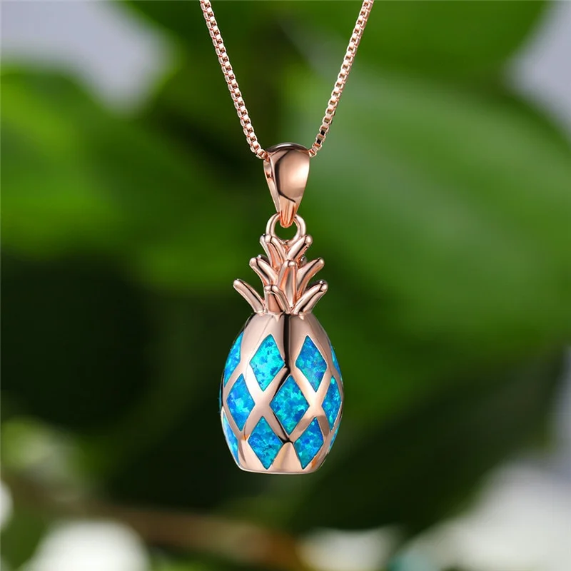 Cute Female Fruit Pineapple Imitation Opal Pendant Necklace Rose Gold Silver Color Chain Necklaces For Women Bridal Wedding