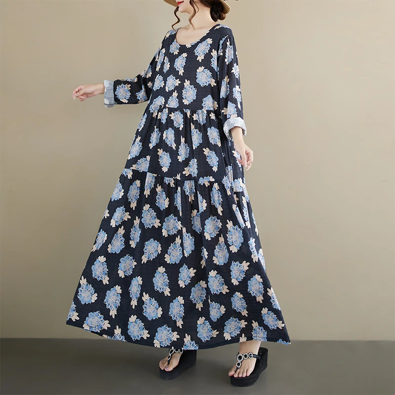 

Loose Cotton Linen Long Sve round Ne Dr Women's Flower Skirt Knee-Length A-Line Dr Vintage Sle Ciwalk Suit