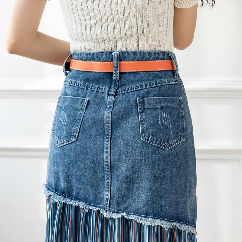 S-5XL Patchwork Pleated Jeans Skirts Women High Waist Ripped Skirts Vintage Elegant Korean Fashion Denim Skirts Big Size KS10294