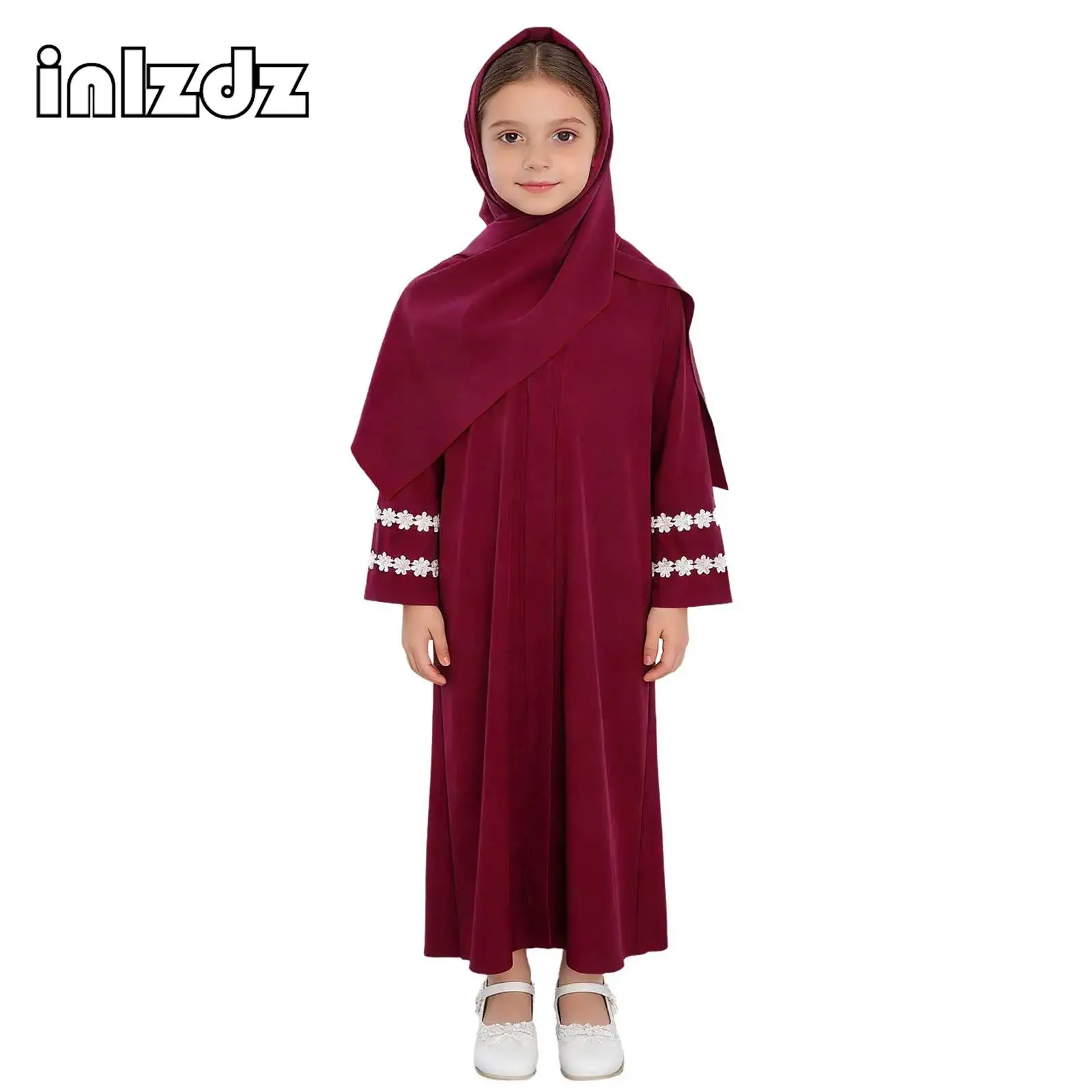 

Kids Girls Muslim Outfit Loose Lace Trim Long Sleeves Split Abaya Robe Dress And Hijab Scarf Set for Festival Daily Theme Party