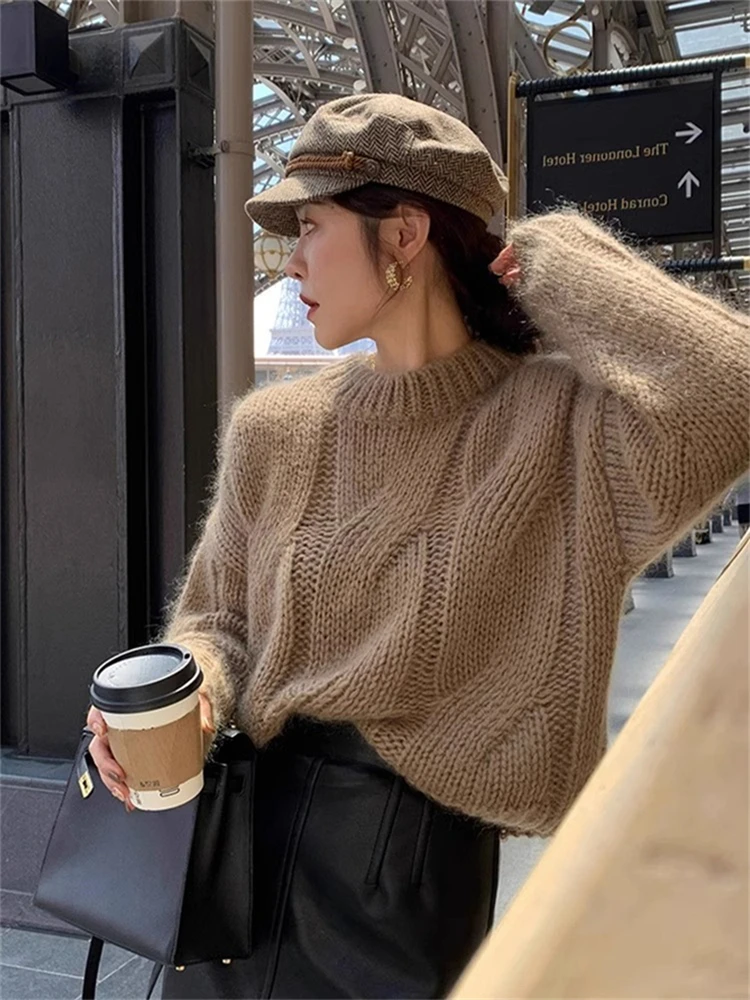 Colorfaith SW9076JX New 2024 Elegant Lady Chic WIld Sweaters Vintage Korean Fashion Knitted Women Autumn Winter Pink Short Tops