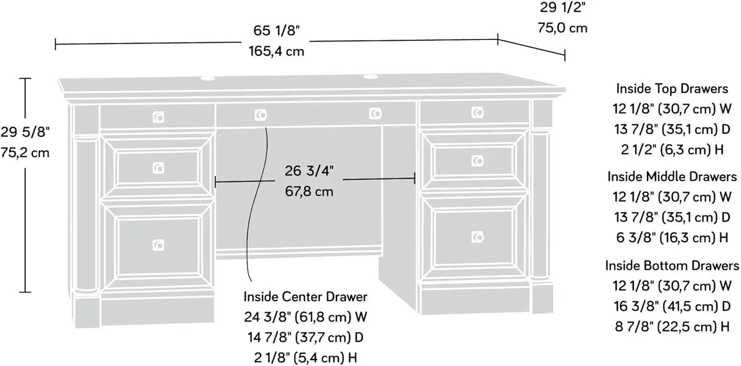 Palladia-Secretária executiva em madeira, acabamento Vintage em carvalho, 29.5 "D x 65.1" W x 29.61 "H