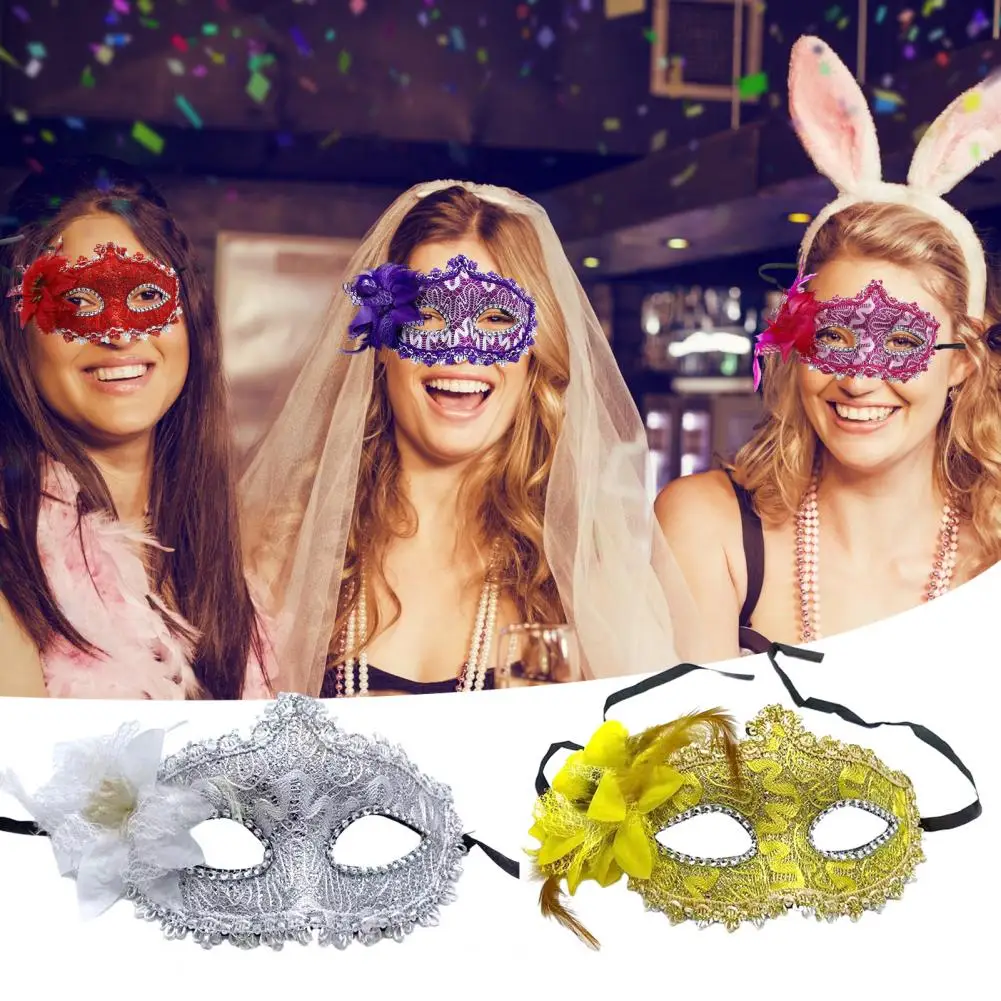 Costume Mask Halloween Eyewear Eye Cover Flower Feather Decor Dress Up Prop Lace Up Ball Party Princess Masquerade Masque