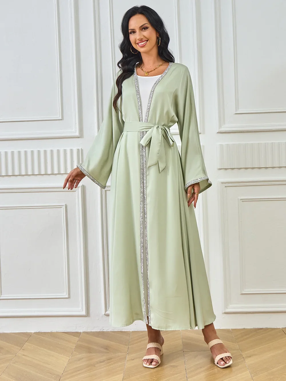 سترة عيد للنساء عباية ماسية من الساتان الإسلامي المغرب قفطان فساتين حفلات رمضان عبايات عربية طويلة رداء فستان مفتوح جلابية