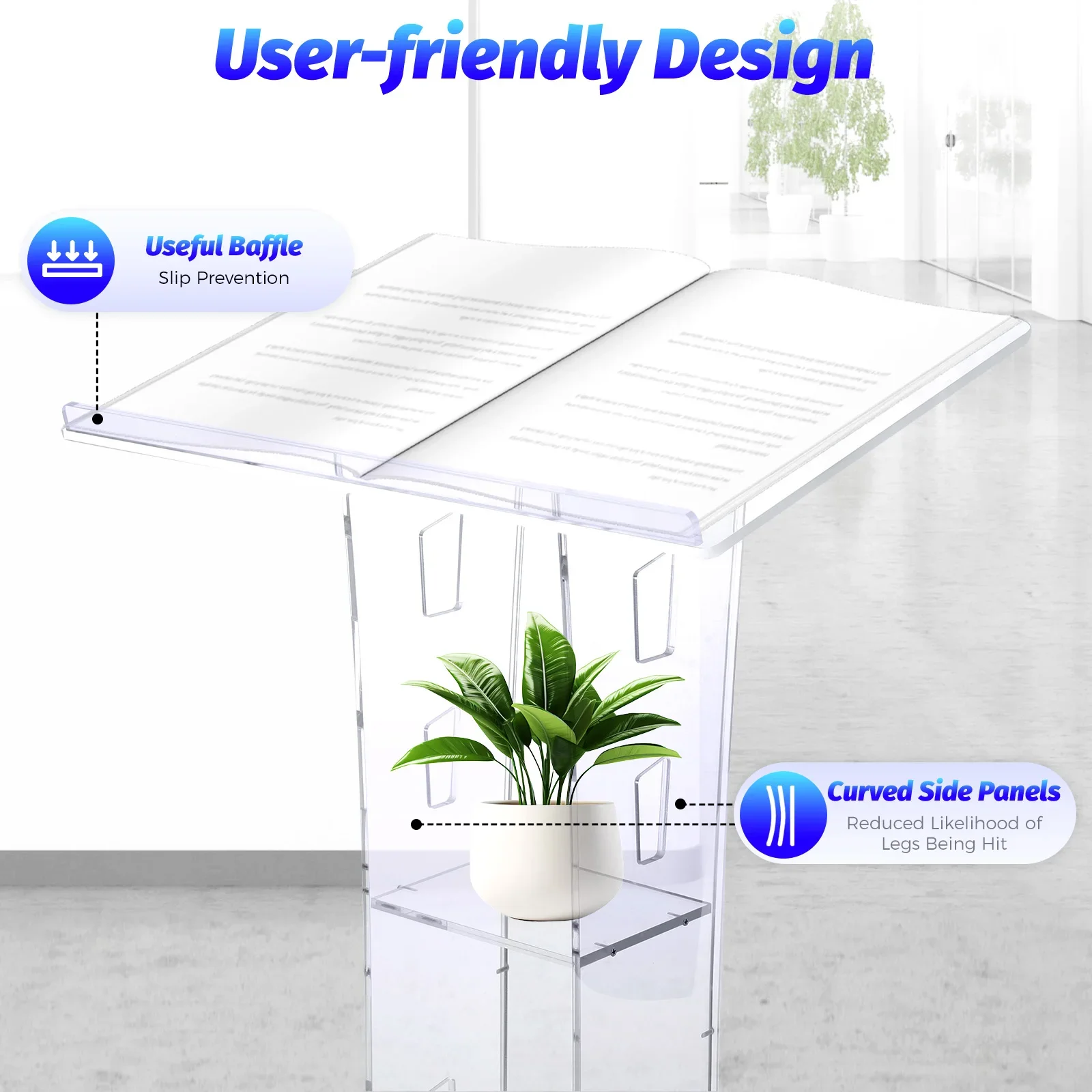 Transparent Acrylic Podium, Durable, Anti-Shatter, Rounded Corners, Sloped Top, Storage Board, Easy Assembly, Eco-Friendly