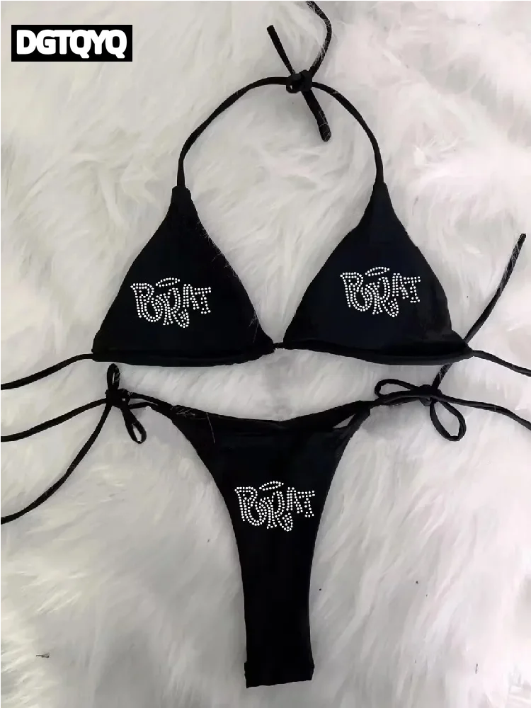 

2000s Woman Punk New Beach Swimwear Gothic Clothes BRAT Rhinestone Printing Grunge Swimsuit Bikini Y2K Bathing Suits Lace Up