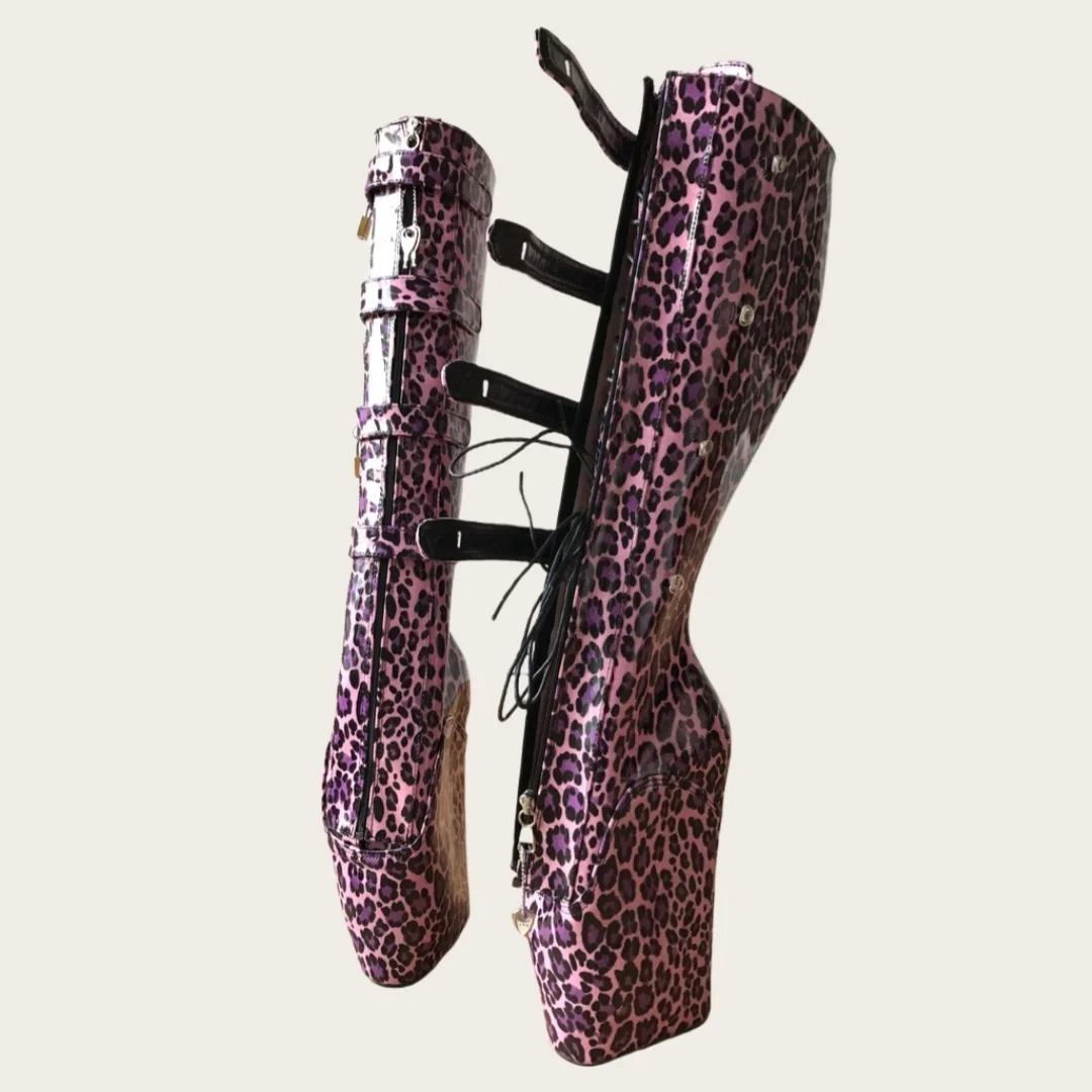 Women's Pink Leopard Print Patent Leather Platform Ballet Heel Boots Buckle Lace-Up Detail Knee-High Design Bold Edgy Style
