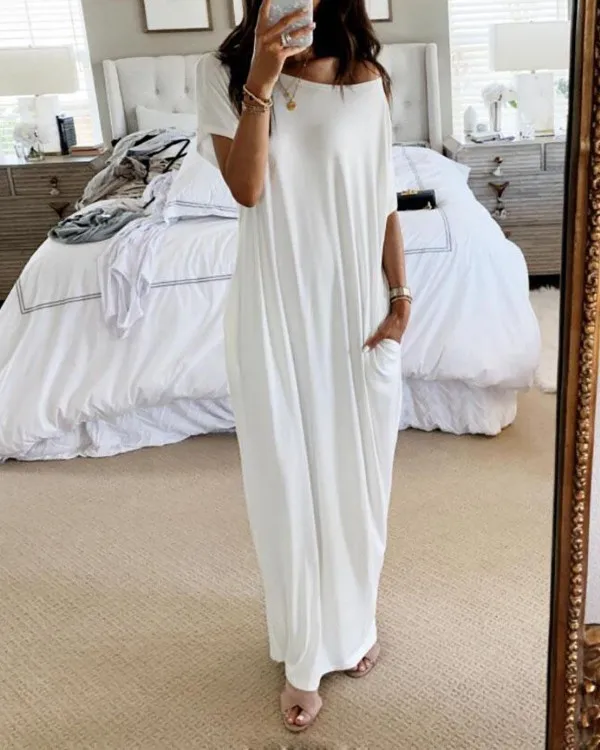 Women's Short-sleeved Bat-sleeve Dress Sexy One-shoulder Casual Monochrome Home Summer Solid Color Casual Loose Robe