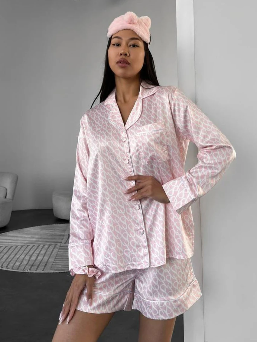 Marthaqiqi Printing Loose Female Nightgowns Suit Long Sleeve Nightwear Turn-Down Collar Pajama Shorts Causal Women Sleepwear Set