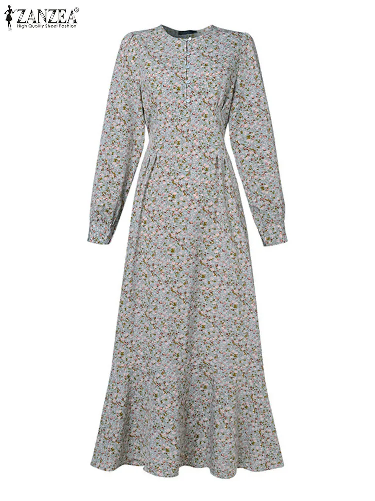 ZANZEA-Vestido musulmán bohemio con estampado Floral para mujer, Vestido de verano informal de manga larga a la moda, Abaya, Dubai, Turquía, otoño