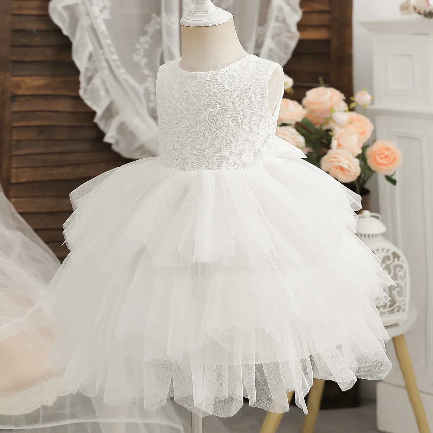 2024 New Baby Girl Dress for Backless Lace Layer 2-6Y Kids Birthday Princess Dress White Wedding Party Flower Tutu Elegant Gowns