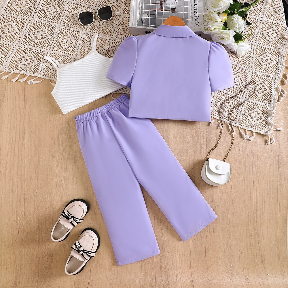 Girls' spring and summer new style solid color double breasted jacket solid color camisole vest long pants three piece casual se