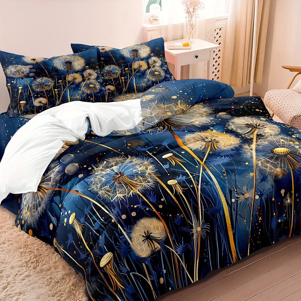 

3pcs Dandelion Down Comforter Set 1*Duvet Cover, 2*Pillowcases Core Not Included Soft and Breathable Dandelion Print Bedding Kit
