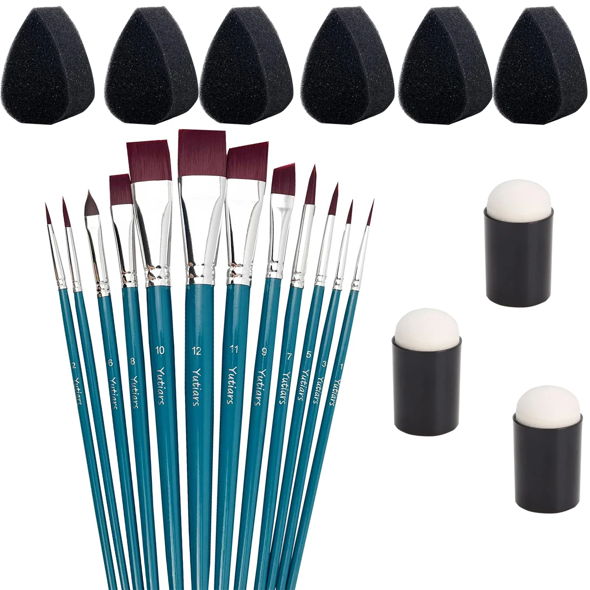 12 Artist Paint Brushes with 6 Black Blending Sponges and 3 Thumb Daubers for Face Painting Makeup Body Art Acrylic Crafts